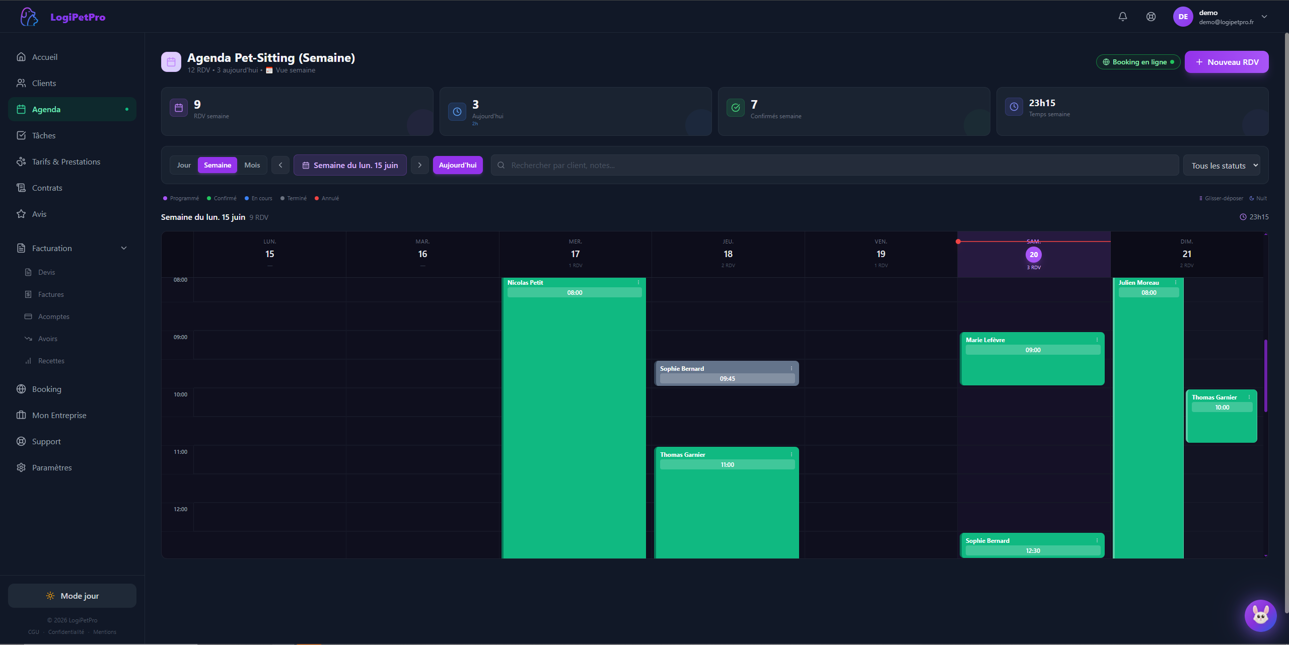 Agenda hebdomadaire LogiPetPro avec rendez-vous de pet-sitting colorés par statut