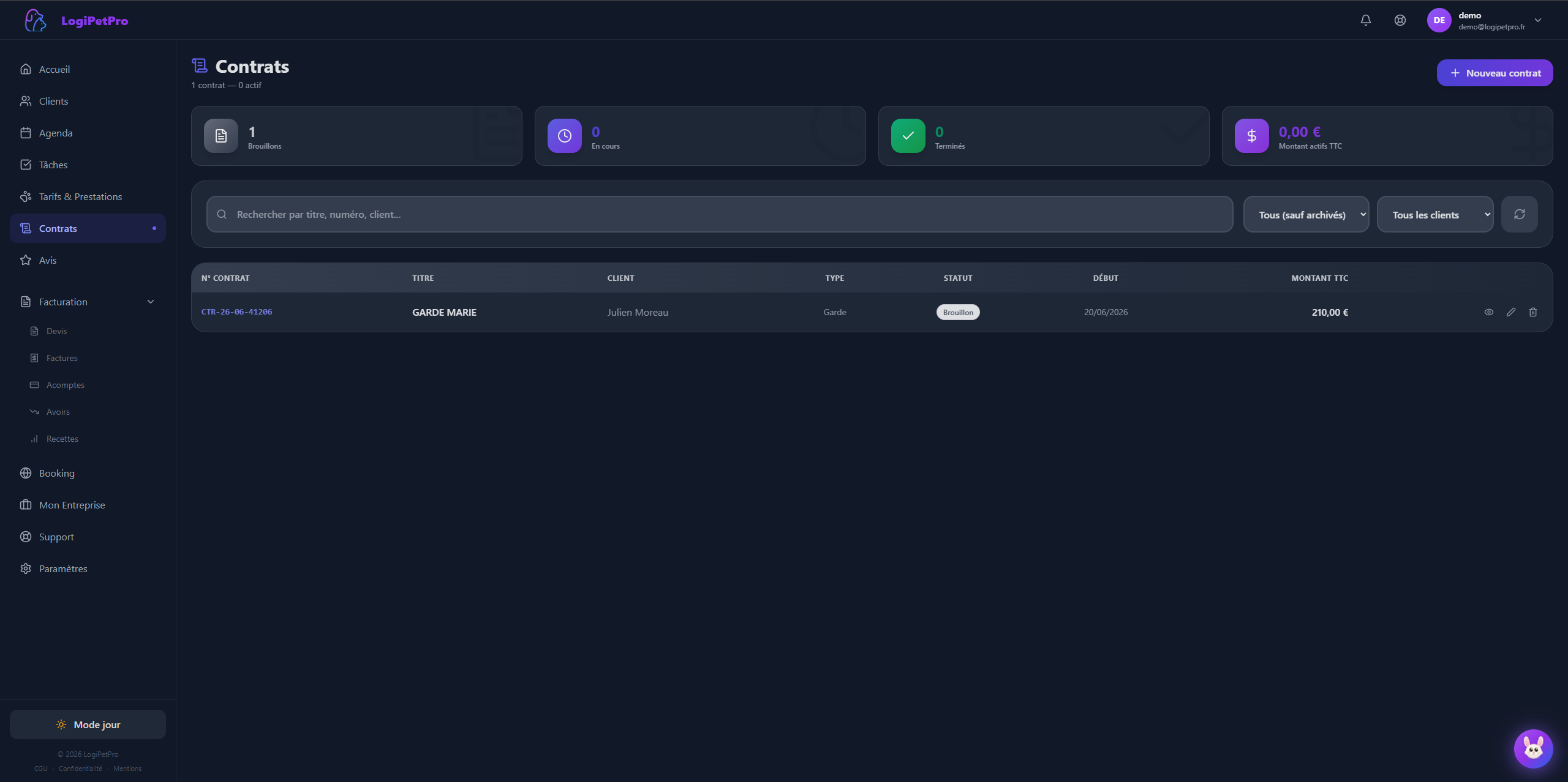 Écran de gestion des documents LogiPetPro avec statuts et montants TTC
