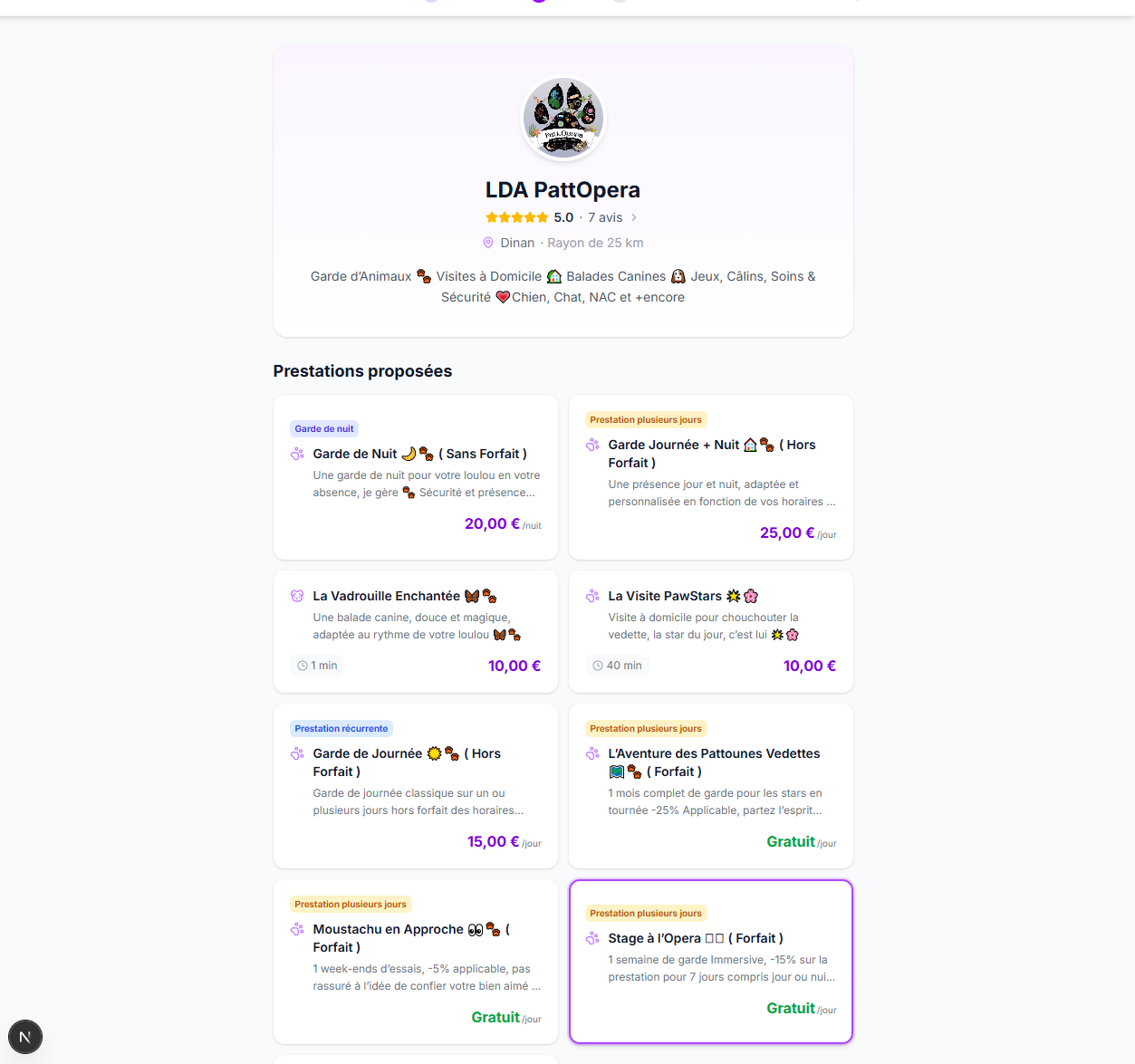 Page de réservation publique d'un pet-sitter LogiPetPro avec prestations, avis et tarifs